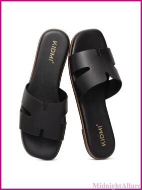 Women's PU Leather Slide Sandals Comfortable Slip On Flat Summer Sandals